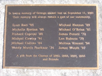 Dedication plaque at SUNY Oswego 9/11 Memorial Garden